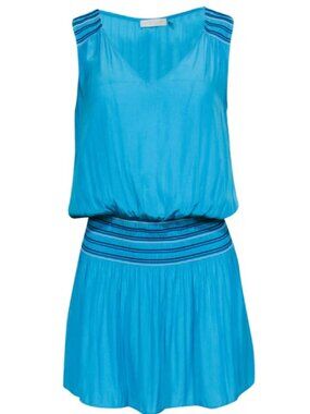 Ramy Brook Bright Blue Satin Smocked Drop Waist Dress
